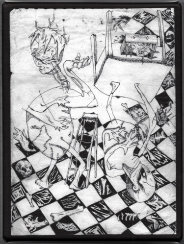 Zeichnungen mit dem Titel "Double Damier" von Themroc, Original-Kunstwerk, Kugelschreiber Auf Keilrahmen aus Holz montiert
