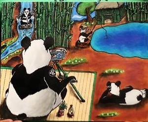 Painting titled "panda's world" by Aza, Original Artwork