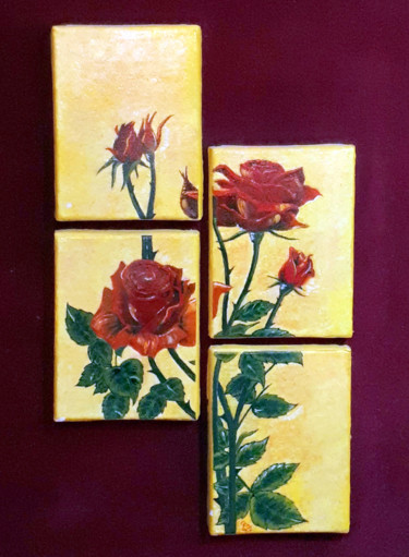 Painting titled "Roses" by Theodora Krouklidou, Original Artwork, Oil Mounted on Wood Panel