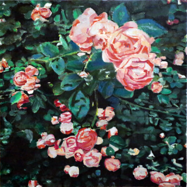 Peinture intitulée "Roses 50X50" par Théodore Bouret, Œuvre d'art originale, Huile