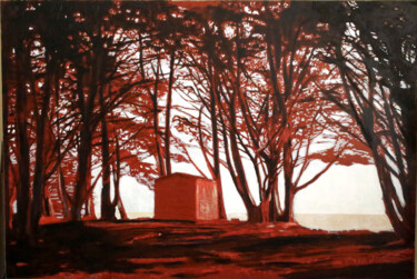 Painting titled "Cabane sous les sap…" by Théodore Bouret, Original Artwork, Acrylic Mounted on Wood Panel