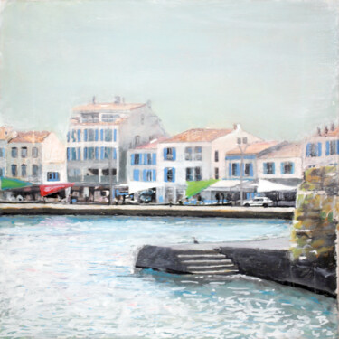 Painting titled "Port Joinville" by Théodore Bouret, Original Artwork, Oil Mounted on Wood Stretcher frame