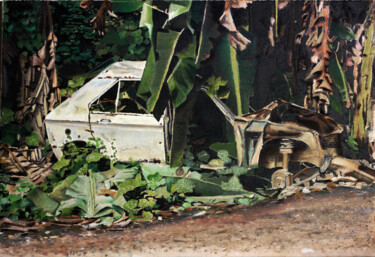 Painting titled "Épave de Peugeot 10…" by Théodore Bouret, Original Artwork, Oil Mounted on Wood Stretcher frame