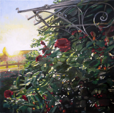 Painting titled "Rosier" by Théodore Bouret, Original Artwork, Oil Mounted on Wood Stretcher frame