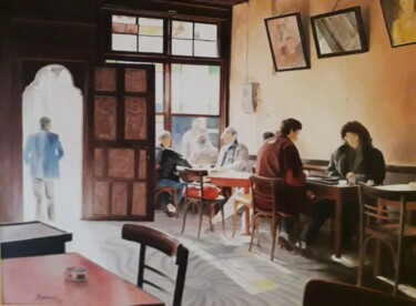 Painting titled "Coffee shop" by Theodoros Markopoulos, Original Artwork, Oil