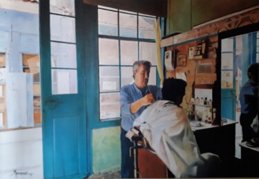 Painting titled "Barber shop." by Theodoros Markopoulos, Original Artwork, Oil