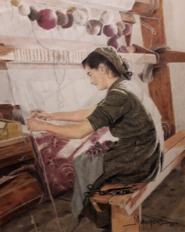 Картина под названием "To the loom." - Θεοδωροσ Μαρκοπουλοσ, Подлинное произведение искусства, Пастель