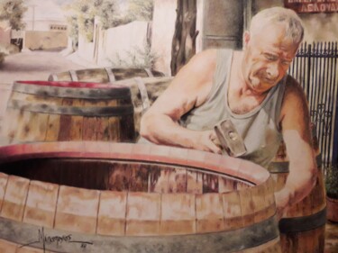 Painting titled "Barrel maker." by Theodoros Markopoulos, Original Artwork, Pastel