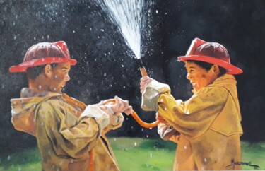 Malarstwo zatytułowany „Little firemen.” autorstwa Θεοδωροσ Μαρκοπουλοσ, Oryginalna praca, Akryl