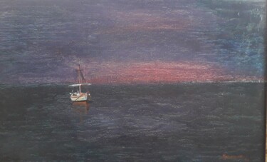 Painting titled "Small boat" by Theodoros Markopoulos, Original Artwork, Oil Mounted on Cardboard