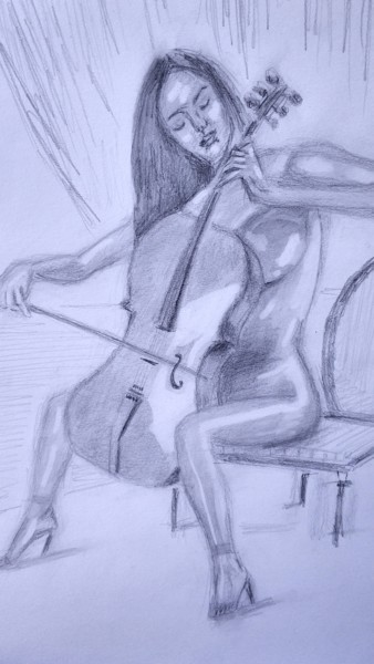 Dibujo titulada "Woman  Playing Viol…" por Theofilos Mpampoulis, Obra de arte original, Lápiz