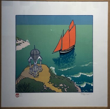 "Dahouet" başlıklı Baskıresim Théophile Gaillot tarafından, Orijinal sanat, Linocut Ahşap panel üzerine monte edilmiş