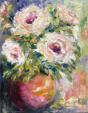 Painting titled "Fleurs 1" by Thérèse Alba, Original Artwork, Oil Mounted on Wood Stretcher frame