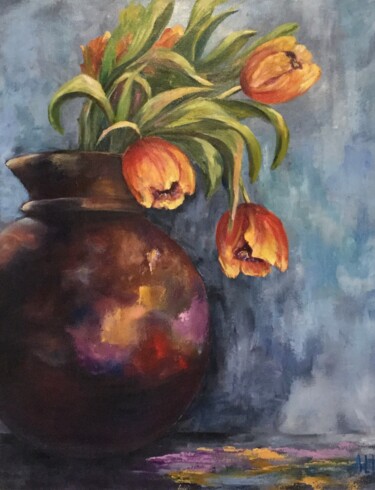 Painting titled "Les tulipes." by Thérèse Alba, Original Artwork, Oil Mounted on Wood Stretcher frame