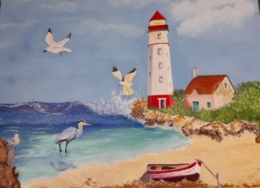 Painting titled "phare au bord de mer" by Therese Fagniart, Original Artwork, Oil