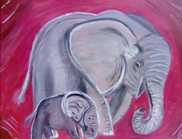 Painting titled "Elephante et son pe…" by Therese  Lyssia, Original Artwork, Oil Mounted on Wood Stretcher frame