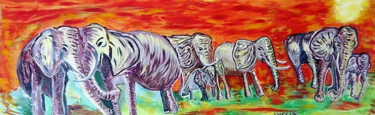 Картина под названием "Elephant soleil cou…" - Therese  Lyssia, Подлинное произведение искусства, Акрил Установлен на Деревя…