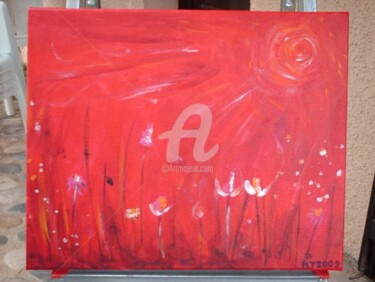 Peinture intitulée "rouge -fleurs 2" par Hélène Thevenon, Œuvre d'art originale