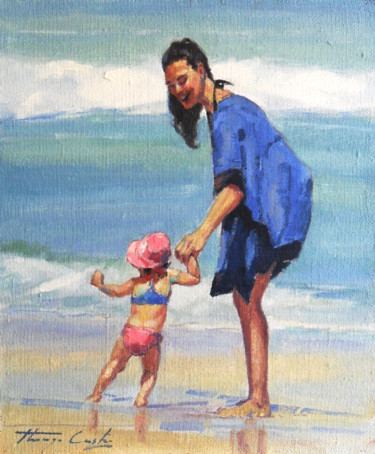Pintura intitulada "Mãe e filha na praia" por Thiago Castro, Obras de arte originais