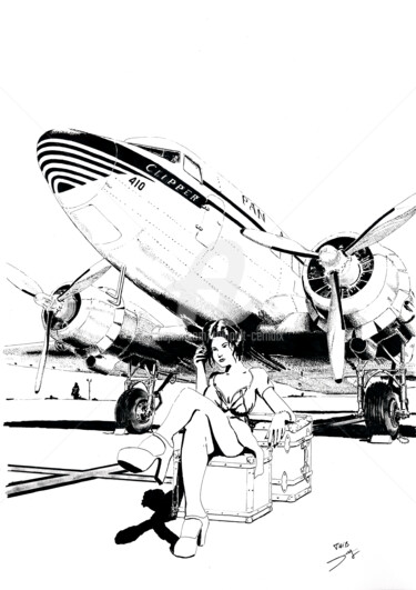 Zeichnungen mit dem Titel "DC 3 pin up" von Thibault Cernaix, Original-Kunstwerk, Tinte