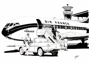 Dibujo titulada "Caravelle Orly" por Thibault Cernaix, Obra de arte original, Tinta