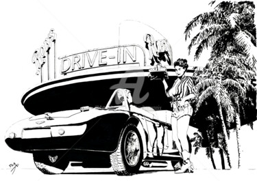 Drawing titled "Drive-in" by Thibault Cernaix, Original Artwork, Ink