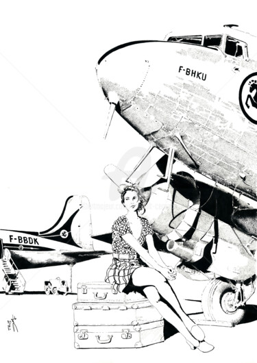 Dessin intitulée "DC 3 Air France" par Thibault Cernaix, Œuvre d'art originale, Encre