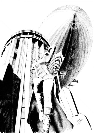 Drawing titled "Zeppelin" by Thibault Cernaix, Original Artwork, Ink