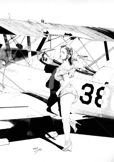 Dessin intitulée "stearman pin-up" par Thibault Cernaix, Œuvre d'art originale, Encre