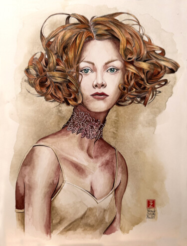 Painting titled "Portrait 07 : Clara" by Thibault Zuccari, Original Artwork, Watercolor