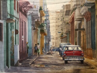 Malerei mit dem Titel "Une rue à La Havane" von Thierry Brunner, Original-Kunstwerk, Aquarell