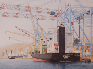 Painting titled "Cargo à Valparaiso,…" by Thierry Brunner, Original Artwork, Watercolor
