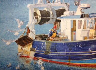 Painting titled "Retour de pêche" by Thierry Brunner, Original Artwork, Watercolor