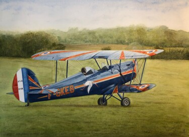 Pintura intitulada "Avion Biplan STAMPE" por Thierry Brunner, Obras de arte originais, Aquarela