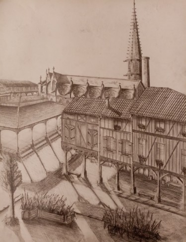 Dessin intitulée "Mirepoix sa Cathédr…" par Thierry Roussel, Œuvre d'art originale, Crayon Monté sur Châssis en bois