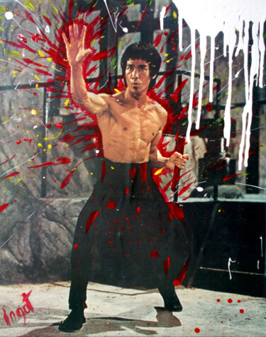 Collages titled "Bruce Lee Red" by Thierry Angot, Original Artwork, Paper
