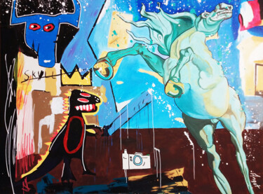 Peinture intitulée "Gold Dragon vs Horse" par Thierry Angot, Œuvre d'art originale, Acrylique Monté sur Châssis en bois