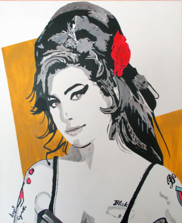 Painting titled "Amy Winehouse" by Thierry Angot, Original Artwork, Acrylic Mounted on Wood Stretcher frame