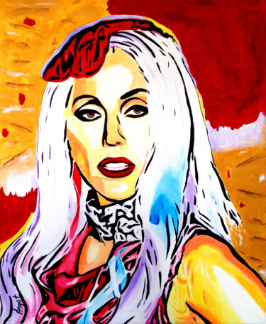 Schilderij getiteld "Lady Gaga" door Thierry Angot, Origineel Kunstwerk, Acryl Gemonteerd op Frame voor houten brancard