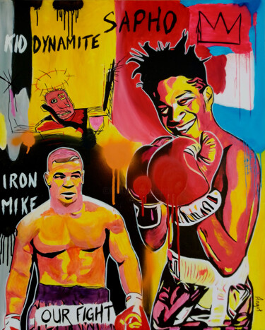 Schilderij getiteld "Basquiat vs Tyson" door Thierry Angot, Origineel Kunstwerk, Acryl Gemonteerd op Frame voor houten branc…