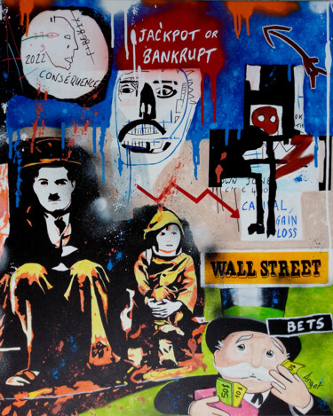 Malarstwo zatytułowany „Charlot VS Stock Ex…” autorstwa Thierry Angot, Oryginalna praca, Akryl Zamontowany na Drewniana rama…