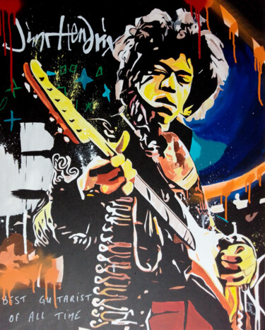 Schilderij getiteld "Jimi Hendrix" door Thierry Angot, Origineel Kunstwerk, Acryl Gemonteerd op Frame voor houten brancard