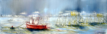 Painting titled "Les Carrelets" by Thierry Berthommier, Original Artwork, Oil Mounted on Wood Stretcher frame