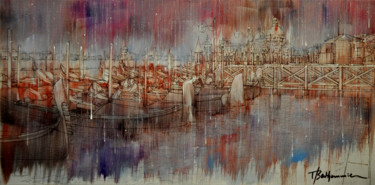 Painting titled "Gondoles à quai" by Thierry Berthommier, Original Artwork, Oil Mounted on Wood Stretcher frame