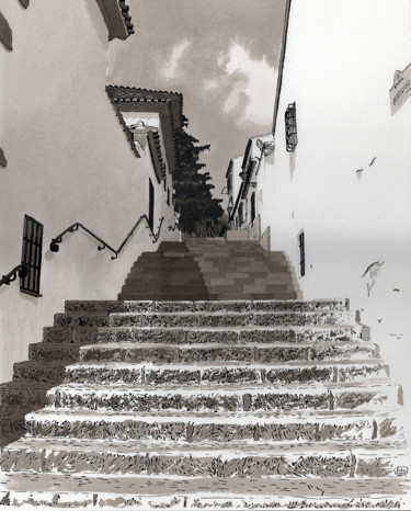 Painting titled "Escalier a Ronda" by Thierry Buisson, Original Artwork, Ink