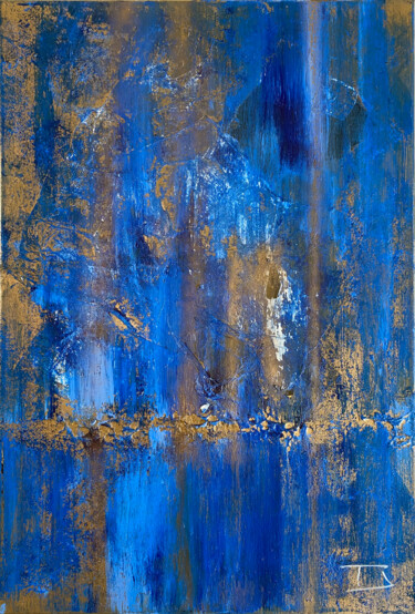 Painting titled "Bleu & Or #07" by Thierry Courteau, Original Artwork, Acrylic Mounted on Wood Stretcher frame