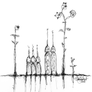 Tekening getiteld "Flower Tower" door Thierry Guilbert, Origineel Kunstwerk