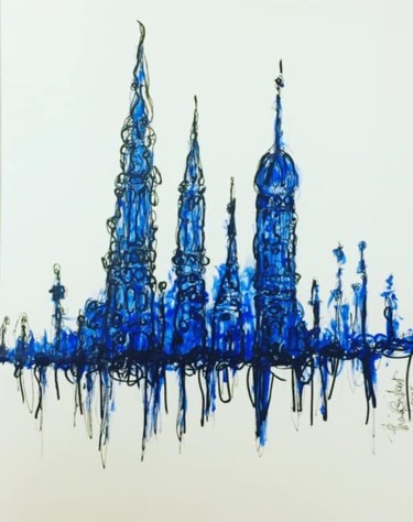 Zeichnungen mit dem Titel "Bleu des villes" von Thierry Guilbert, Original-Kunstwerk