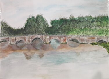 Картина под названием "Pont de saint Savin" - John Des Îles, Подлинное произведение искусства, Акварель