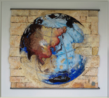 Sculpture titled "Blue earth" by Thierry Legrand (ziiart), Original Artwork, Acrylic Mounted on Wood Panel